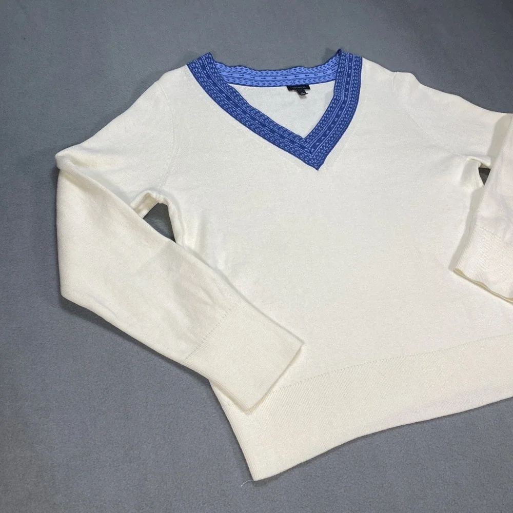 Talbots Rib Knit Sweater Large Ivory Contrast Blue Trim Pullover Layer Ready